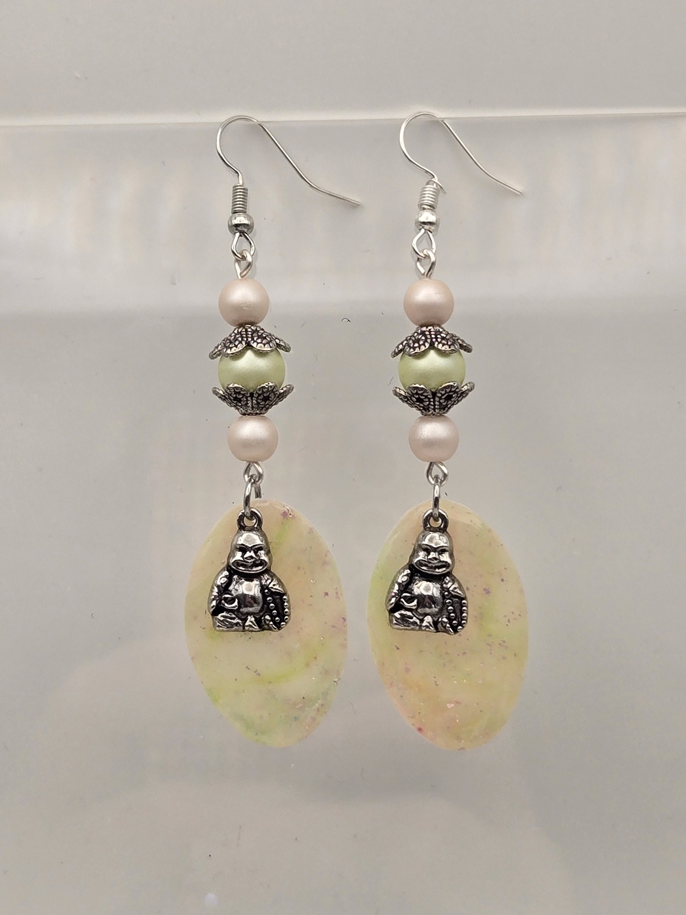 Unbranded Green Pearl Buddha Drop Earrings with Pale Pink Accents - Picture 1 of 4